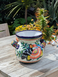 10.5" Round Toucan Planter Ceramic Flower Pot | Handmade Mexican Talavera Pottery is Outdoor Garden Decor or Indoor Home Decor, Unique Gift