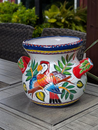 10.5 inch Round Parrot Planter Ceramic Flower Pot | Handmade Mexican Talavera Pottery is Outdoor Garden Decor or Indoor Home Decor, Unique Gift