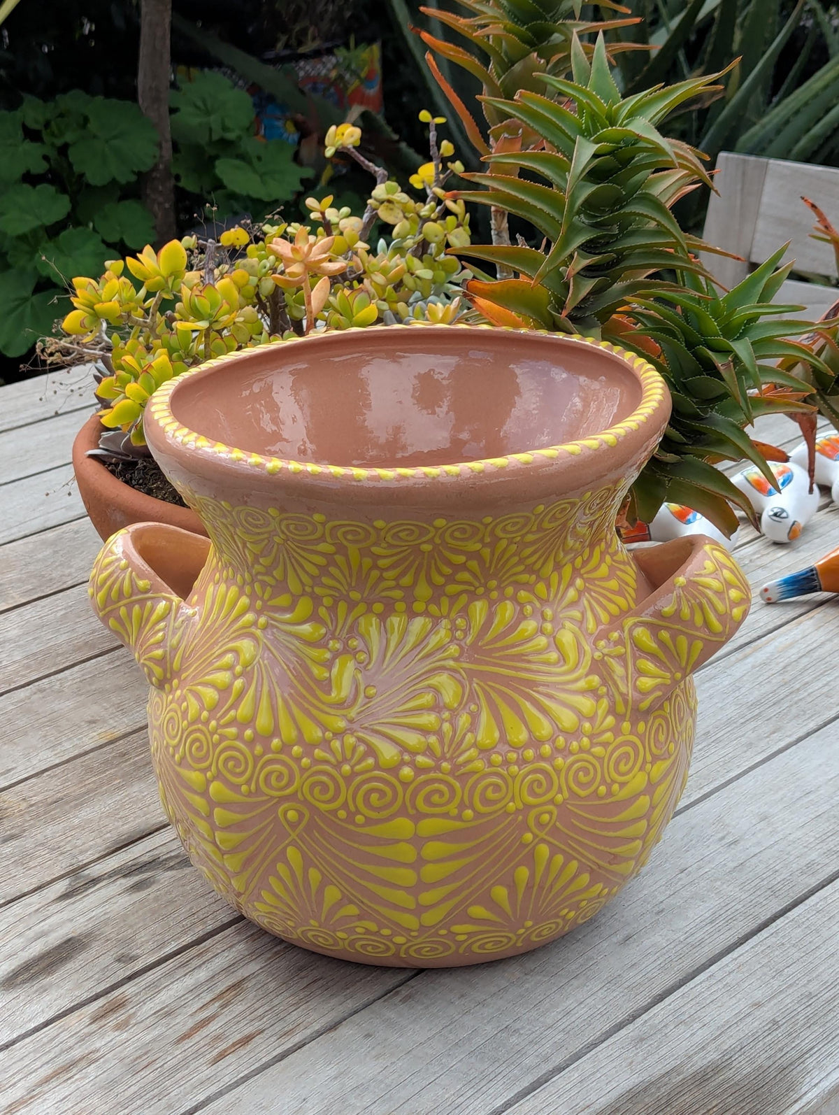 10.5 inch Round Sunburst Planter Ceramic Flower Pot | Handmade Mexican Pottery is Outdoor Garden Decor or Indoor Home Decor, Unique Gift