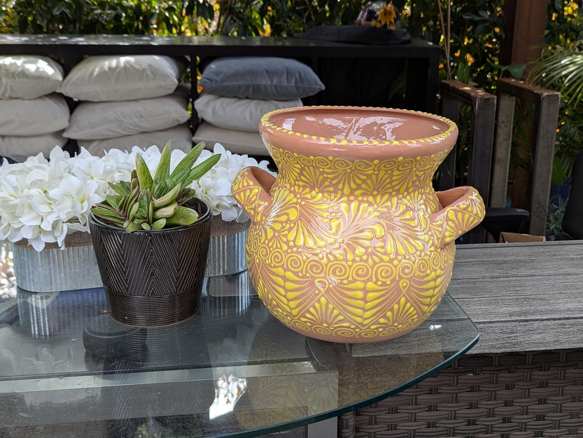 Yellow Sunburst Planter | 10.5" Round Mexican Flower Pot