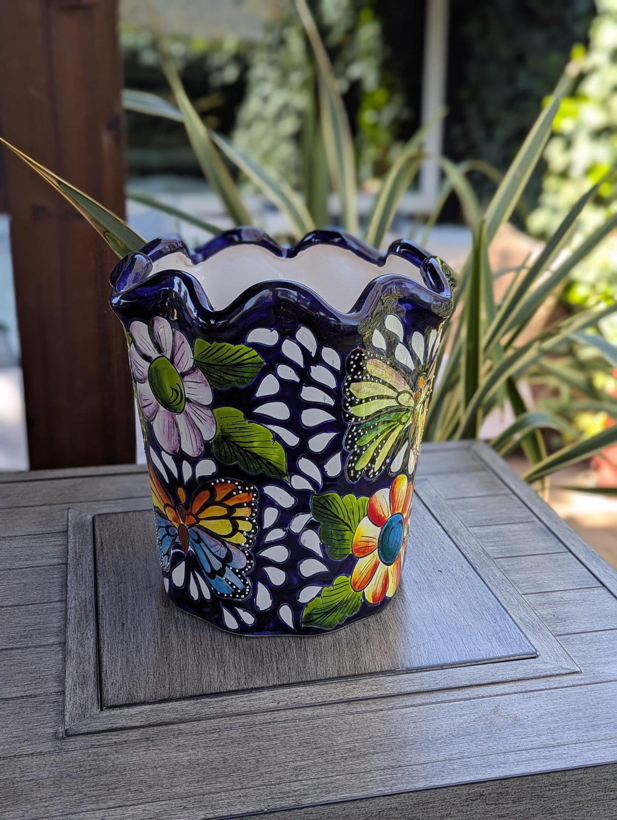 Butterfly Flower Pot | Garden Decor & Yard Art, Ceramic Talavera Planter, Handmade Mexican Pottery, Eye-catching Wavy Decor, Indoor Planter
