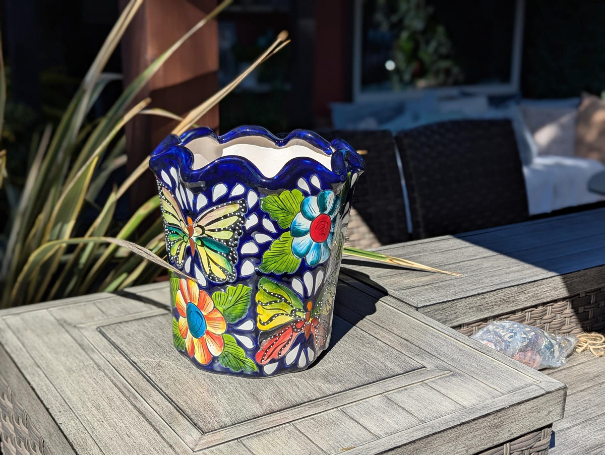 Butterfly Flower Pot | Garden Decor & Yard Art, Ceramic Talavera Planter, Handmade Mexican Pottery, Eye-catching Wavy Decor, Indoor Planter