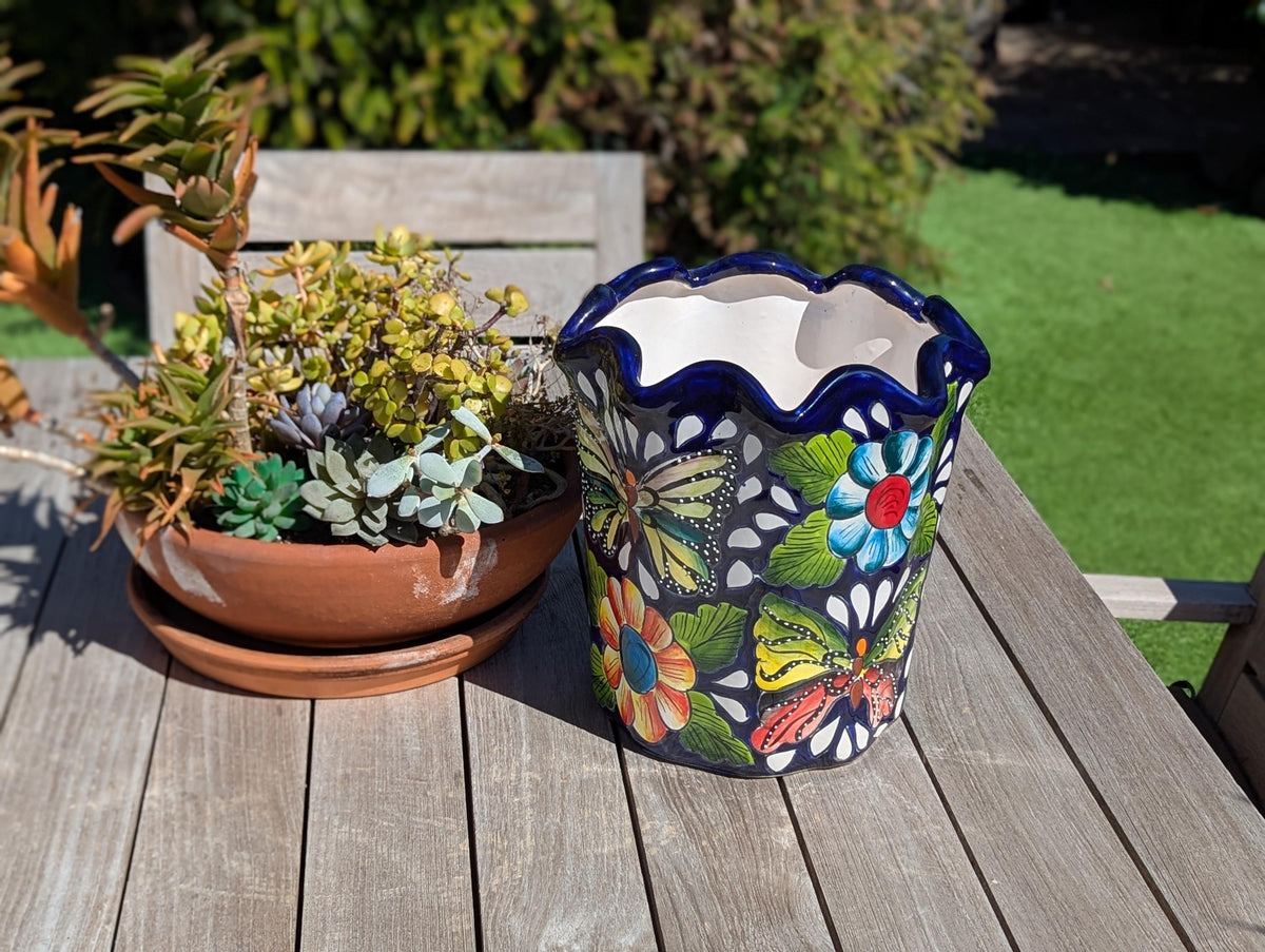 Butterfly Flower Pot | Garden Decor & Yard Art, Ceramic Talavera Planter, Handmade Mexican Pottery, Eye-catching Wavy Decor, Indoor Planter
