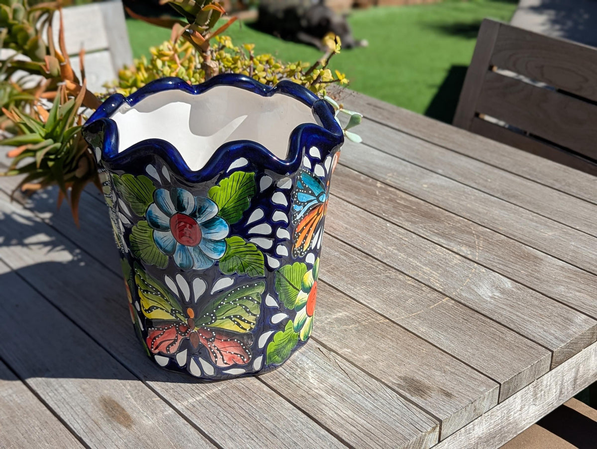 Butterfly Flower Pot | Garden Decor & Yard Art, Ceramic Talavera Planter, Handmade Mexican Pottery, Eye-catching Wavy Decor, Indoor Planter