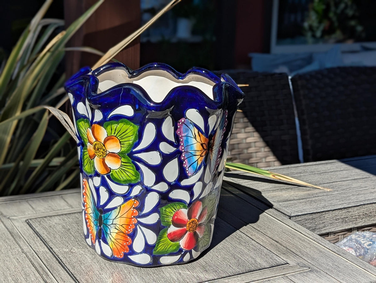 Butterfly Flower Pot | Garden Decor & Yard Art, Ceramic Talavera Planter, Handmade Mexican Pottery, Eye-catching Wavy Decor, Indoor Planter