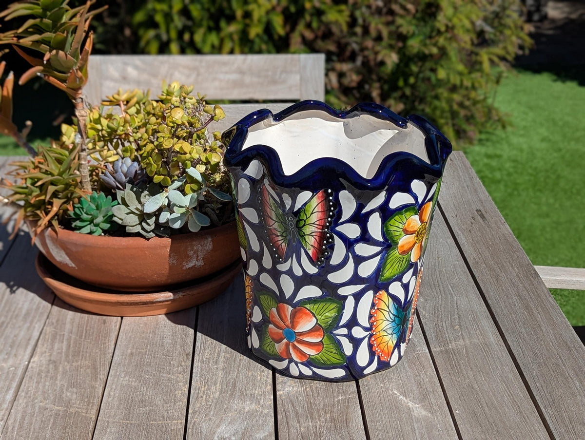 Butterfly Flower Pot | Garden Decor & Yard Art, Ceramic Talavera Planter, Handmade Mexican Pottery, Eye-catching Wavy Decor, Indoor Planter