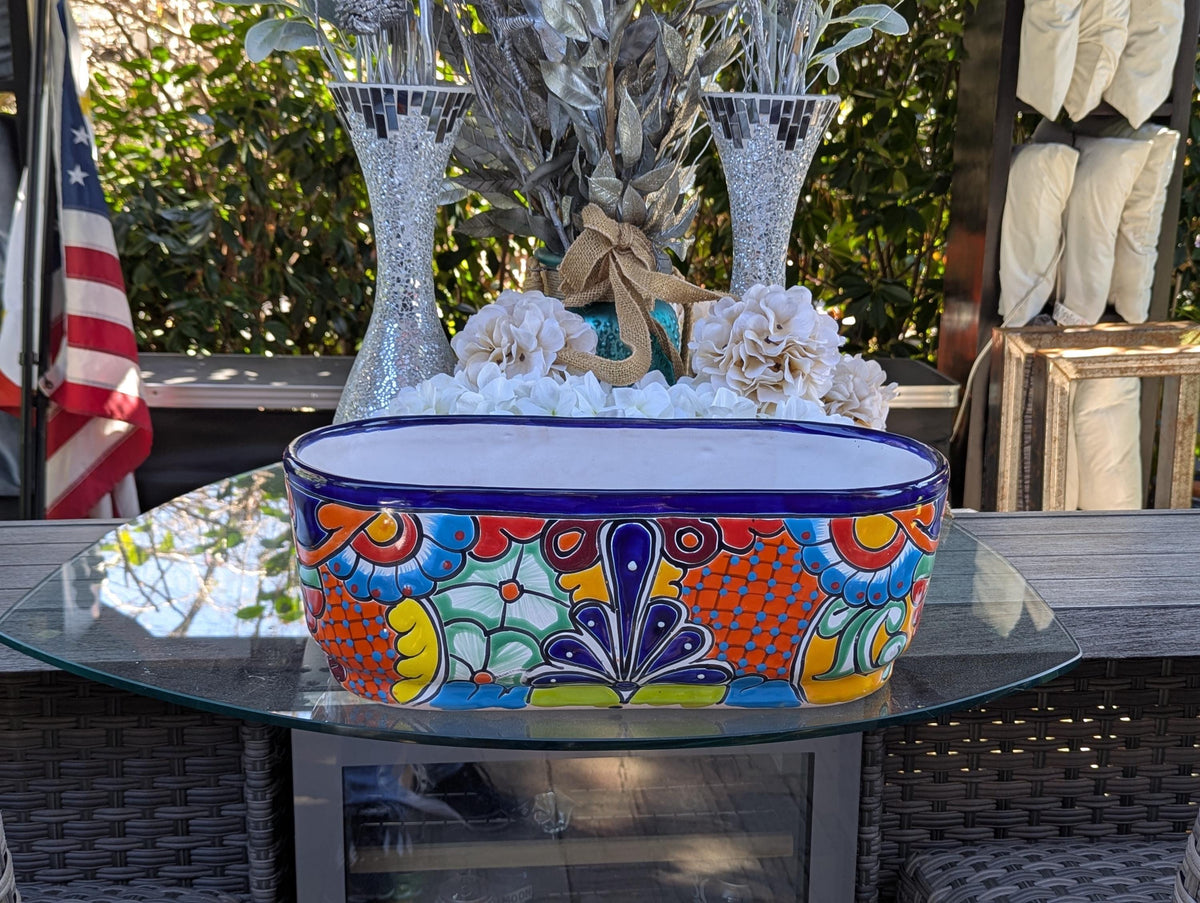 Oval Planter Talavera Pottery, Indoor or Outdoor Flower Pot, Ceramic Mexican Art as Housewarming Gift