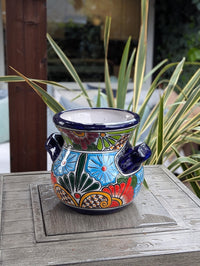 Colorful 10.5" Round Planter Talavera Ceramic Flower Pot, Handmade Mexican Pottery Outdoor Garden Decor or Indoor Home Decor is Unique Gift