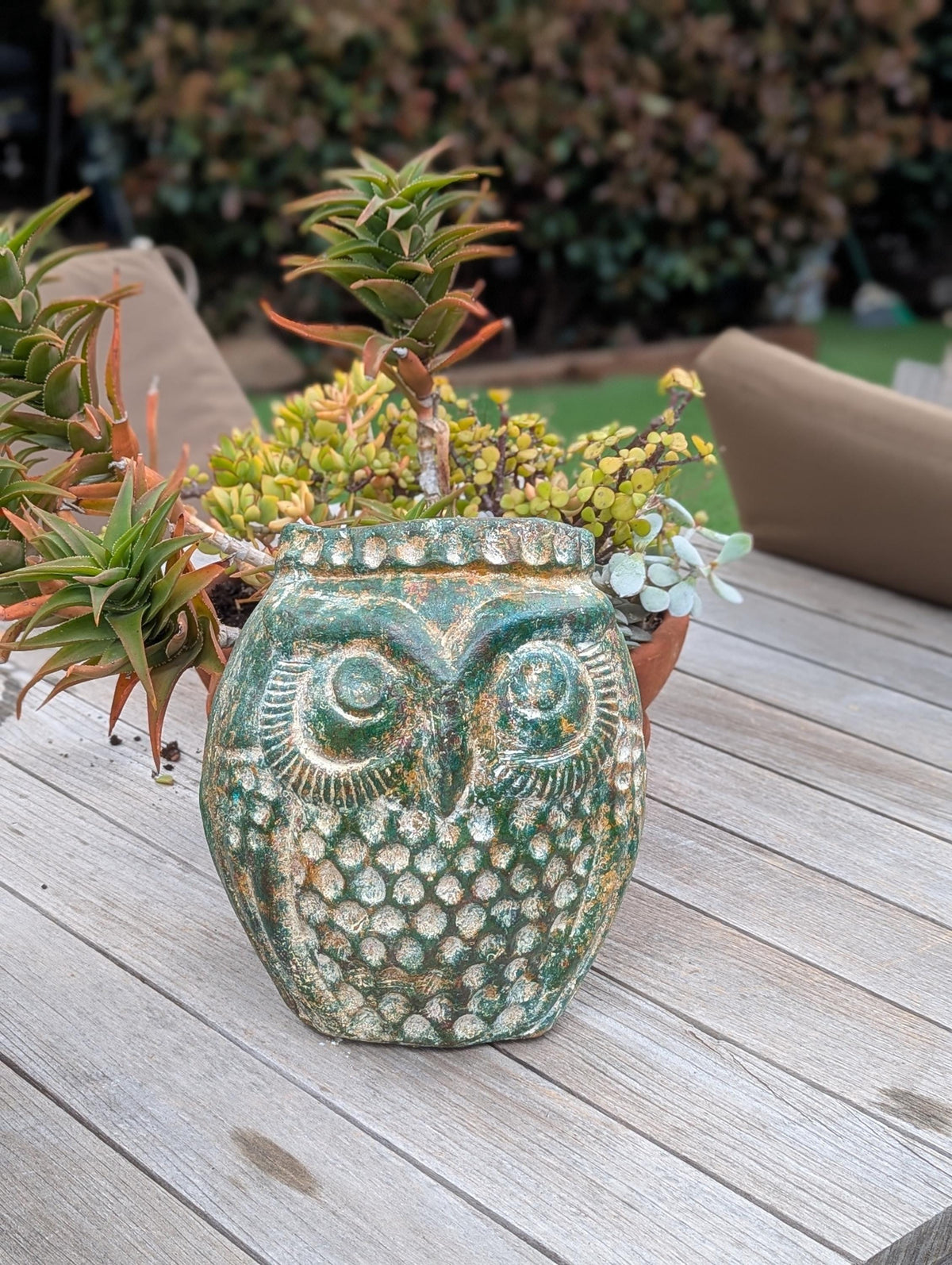 Mexican Owl Planter Pot for Indoor Home Decor or Outdoor Garden Decorations, Medium Owl in Clay with Green Dustings
