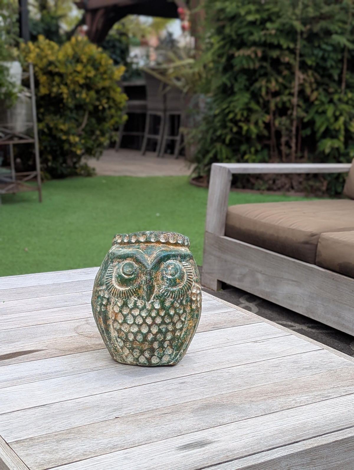 Mexican Owl Planter Pot for Indoor Home Decor or Outdoor Garden Decorations, Medium Owl in Clay with Green Dustings