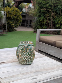 Mexican Owl Planter Pot for Indoor Home Decor or Outdoor Garden Decorations, Medium Owl in Clay with Green Dustings