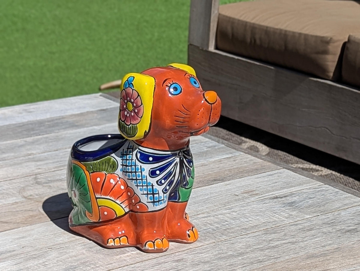 Talavera Dog Flower Pot for Outdoor Decor or Garden Decorations, Planter Pot is Handmade Mexican Pottery, great as Cute Dog Lover Gifts