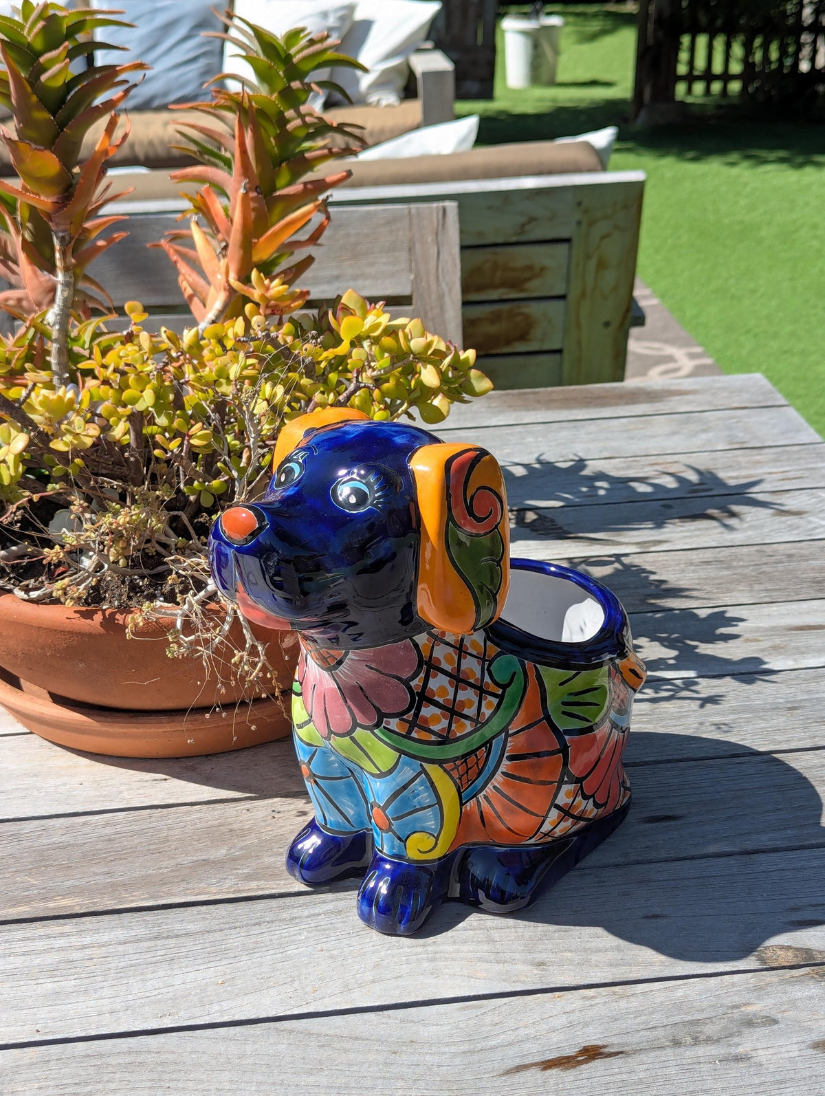 Talavera Dog Flower Pot for Outdoor Decor or Garden Decorations, Planter Pot is Handmade Mexican Pottery, great as Cute Dog Lover Gifts