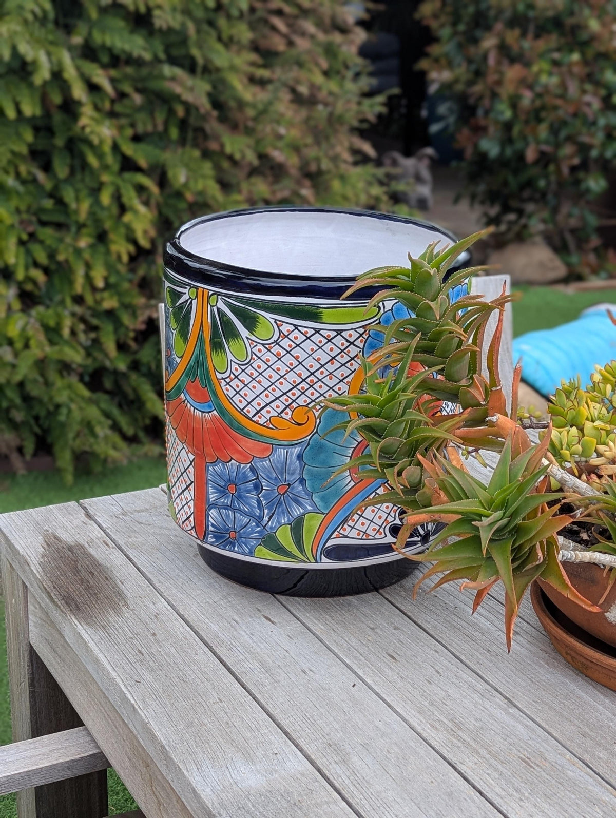 14" Tall Round Flower Pot is Colorful Talavera Ceramic Planter, Handmade Mexican Pottery | Garden Art, Home Decor or Housewarming Gift