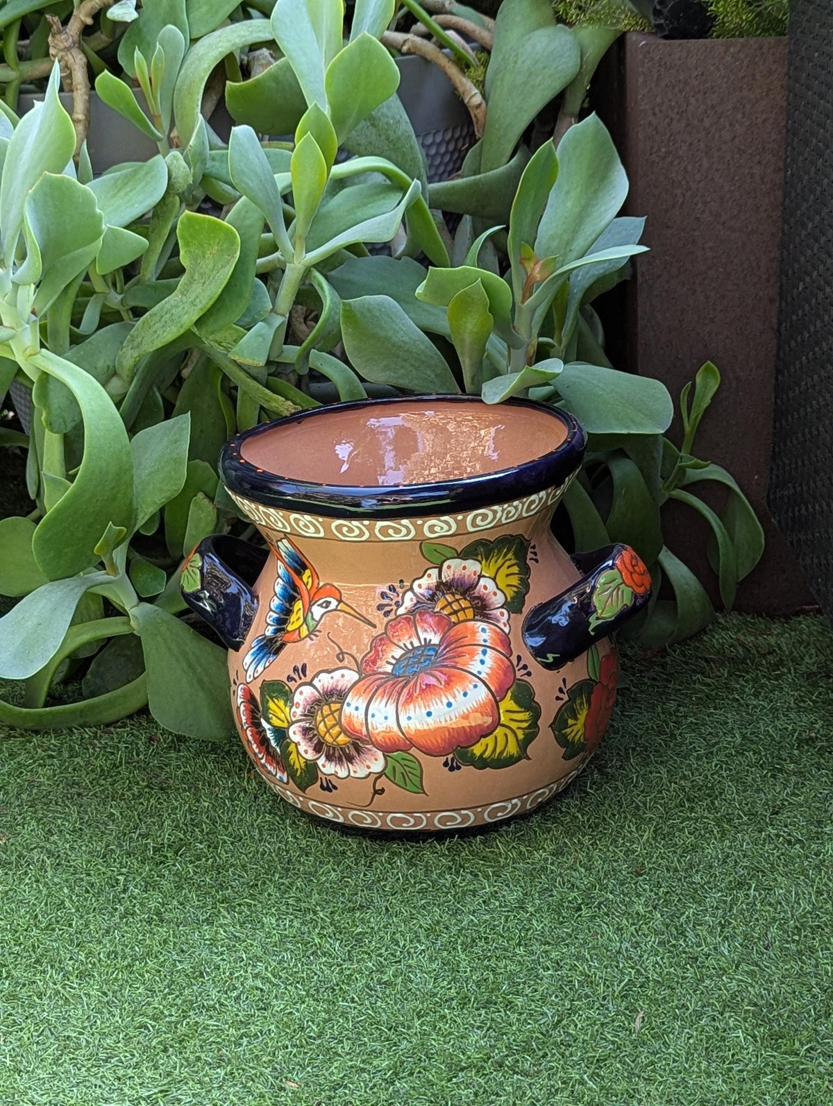 Colorful 10.5 inch Round Flower Pot, Talavera Ceramic Planter, Handmade Pottery is Outdoor Garden Decor, Indoor Home Decor
