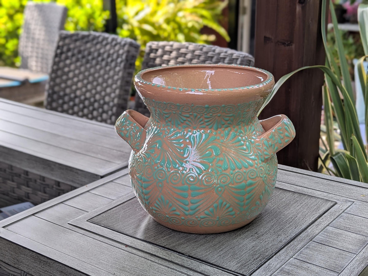 10.5 inch Round Soft Aqua Planter Ceramic Flower Pot | Handmade Mexican Pottery is Outdoor Garden Decor or Indoor Home Decor, Unique Gift