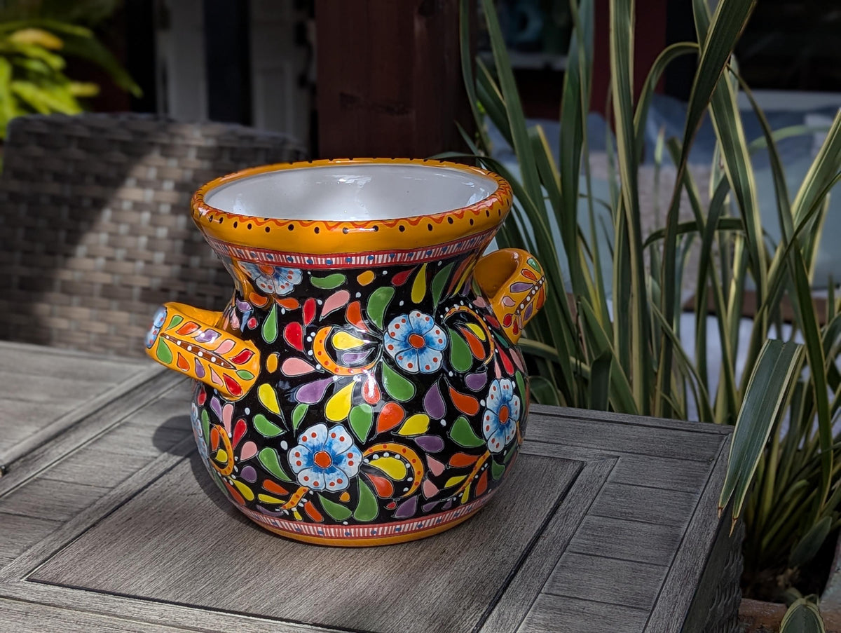 Colorful 10.5 inch Round Flower Pot, Talavera Ceramic Planter, Handmade Pottery is Outdoor Garden Decor, Indoor Home Decor