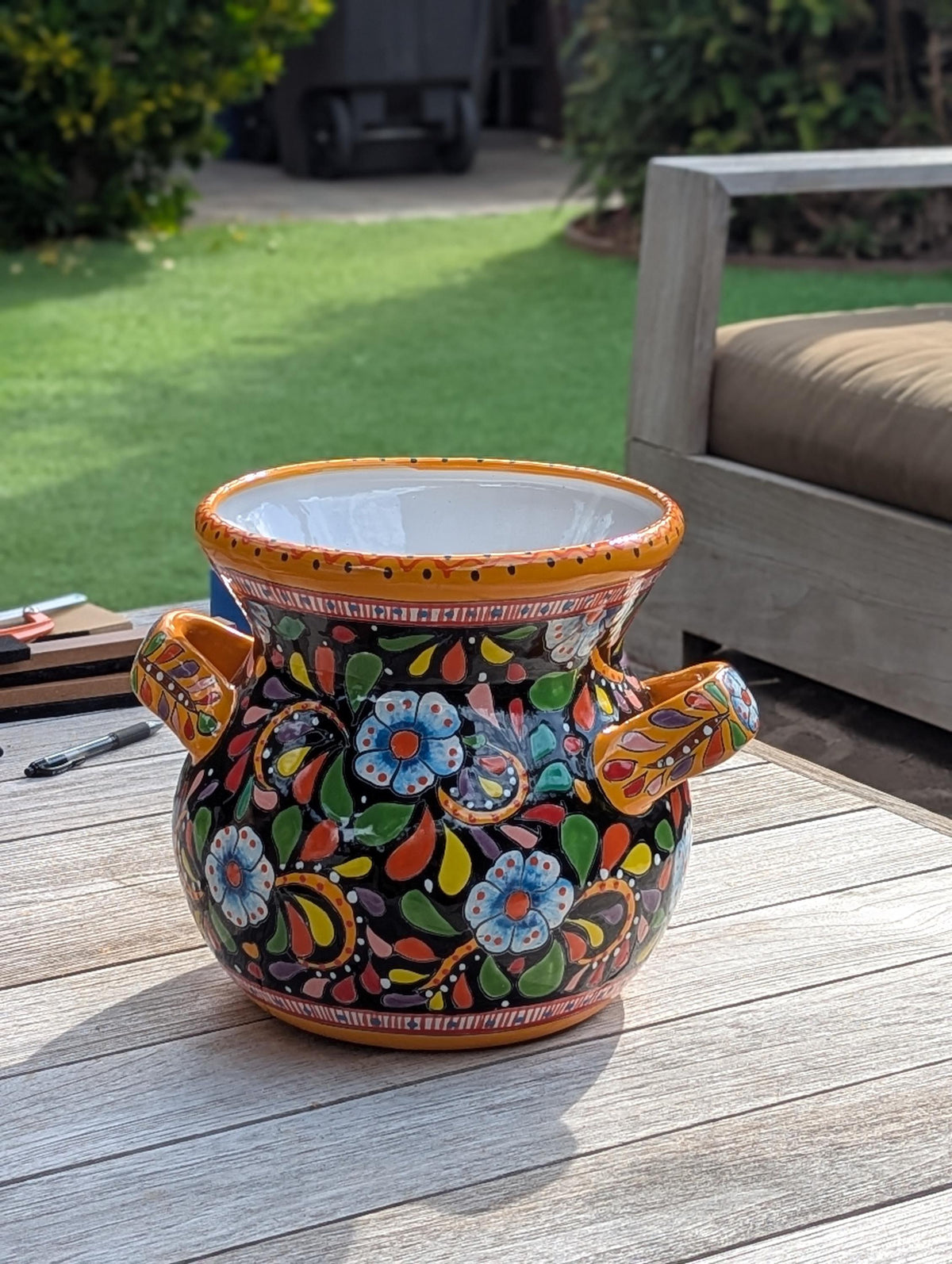 Colorful 10.5 inch Round Flower Pot, Talavera Ceramic Planter, Handmade Pottery is Outdoor Garden Decor, Indoor Home Decor