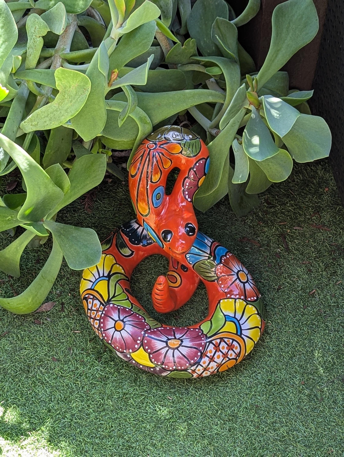 Talavera Rattlesnake Figurine Ceramic Mexican Pottery, Outdoor Snake Decor and Garden Statue Handmade in Mexico
