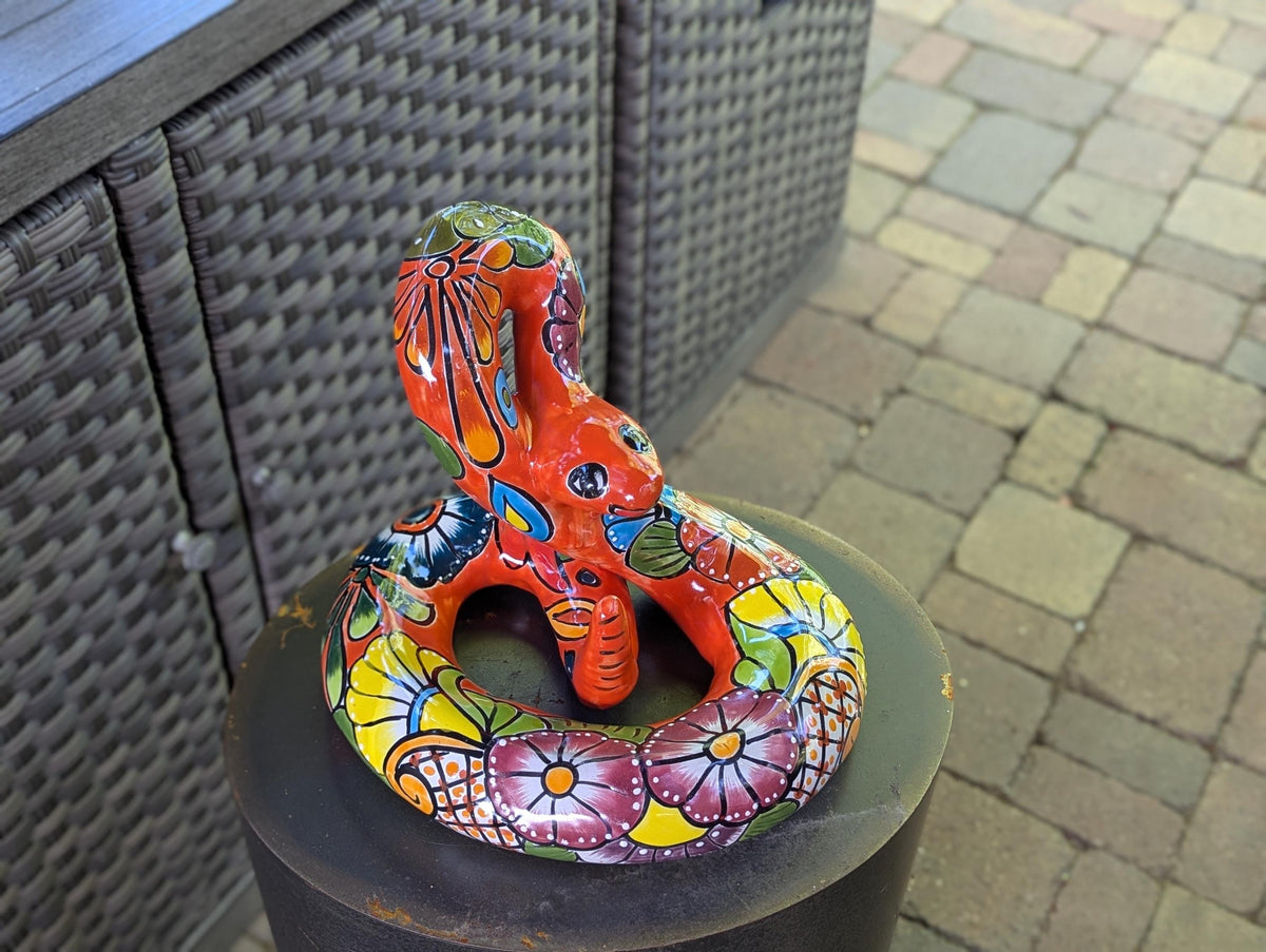 Talavera Rattlesnake Figurine Ceramic Mexican Pottery, Outdoor Snake Decor and Garden Statue Handmade in Mexico