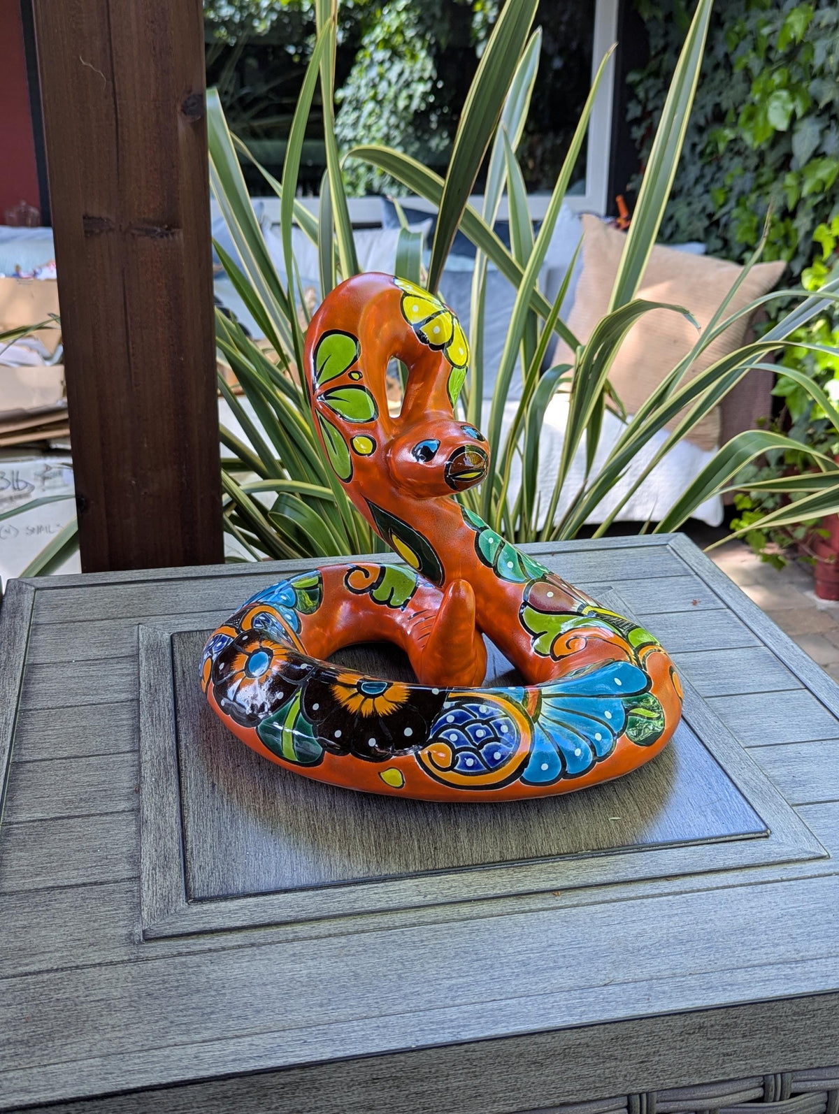 Talavera Rattlesnake Figurine Ceramic Mexican Pottery, Outdoor Snake Decor and Garden Statue Handmade in Mexico