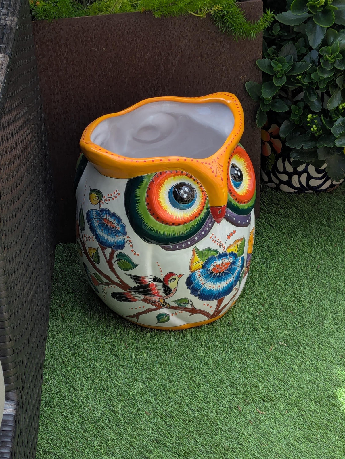 Gorgeous 14 inch Owl Flower Pot Ceramic Planter, Handmade Talavera Pottery is Outdoor Garden Decor or Indoor Home Decor, Unique Gift for Birders