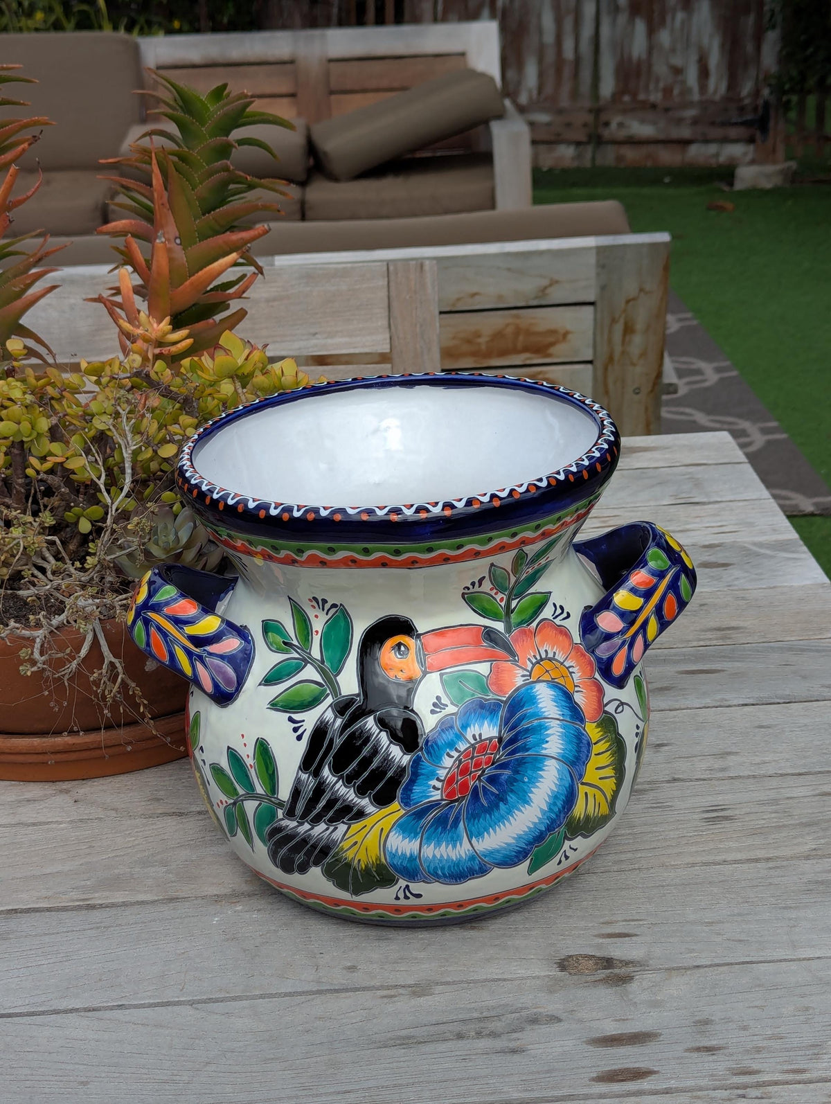 10.5" Round Toucan Planter Ceramic Flower Pot | Handmade Mexican Talavera Pottery is Outdoor Garden Decor or Indoor Home Decor, Unique Gift