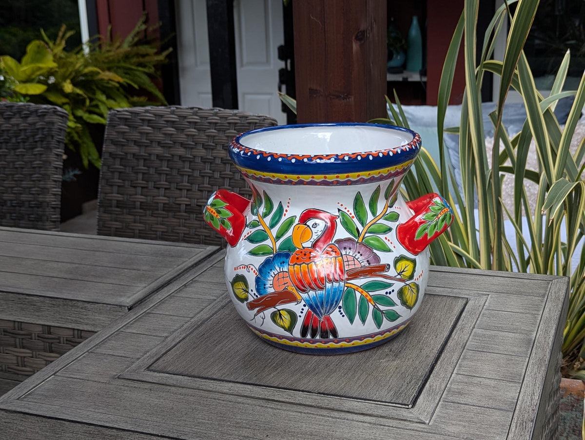 10.5 inch Round Parrot Planter Ceramic Flower Pot | Handmade Mexican Talavera Pottery is Outdoor Garden Decor or Indoor Home Decor, Unique Gift