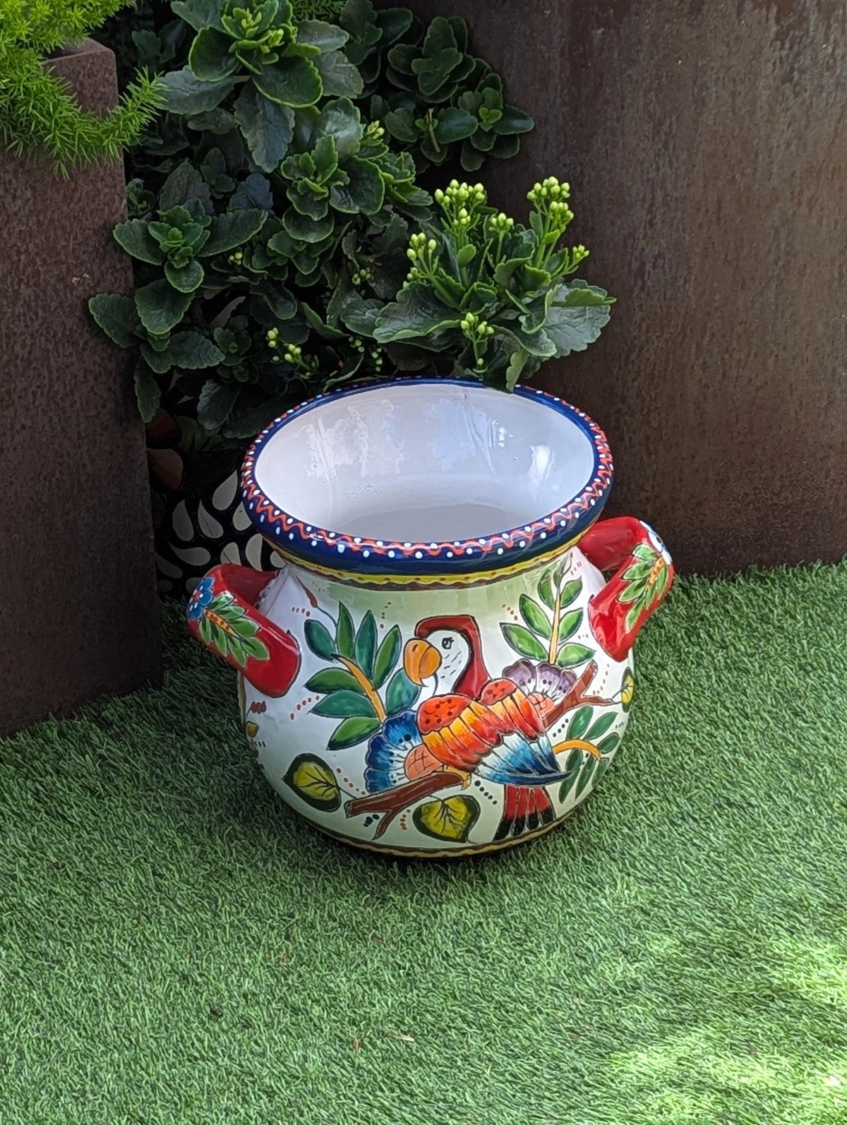 10.5 inch Round Parrot Planter Ceramic Flower Pot | Handmade Mexican Talavera Pottery is Outdoor Garden Decor or Indoor Home Decor, Unique Gift