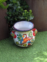 10.5 inch Round Parrot Planter Ceramic Flower Pot | Handmade Mexican Talavera Pottery is Outdoor Garden Decor or Indoor Home Decor, Unique Gift