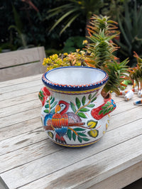 10.5 inch Round Parrot Planter Ceramic Flower Pot | Handmade Mexican Talavera Pottery is Outdoor Garden Decor or Indoor Home Decor, Unique Gift