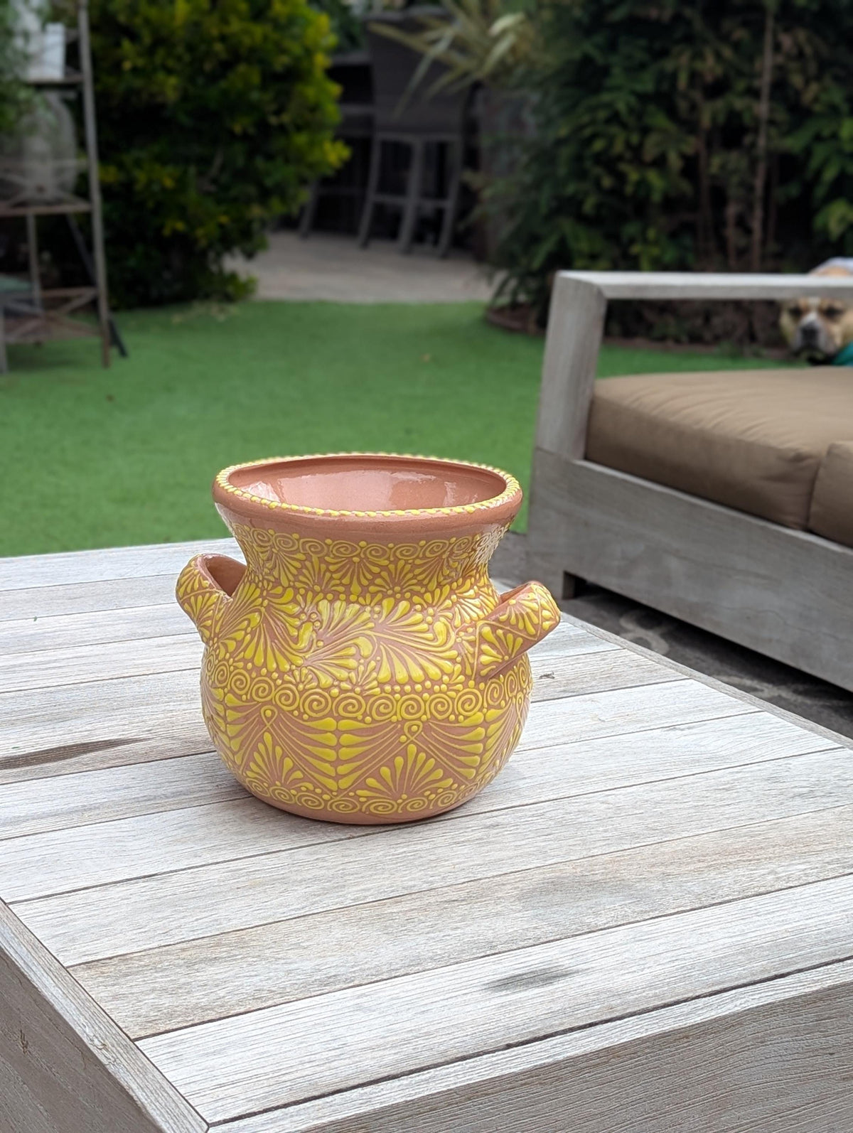 10.5 inch Round Sunburst Planter Ceramic Flower Pot | Handmade Mexican Pottery is Outdoor Garden Decor or Indoor Home Decor, Unique Gift