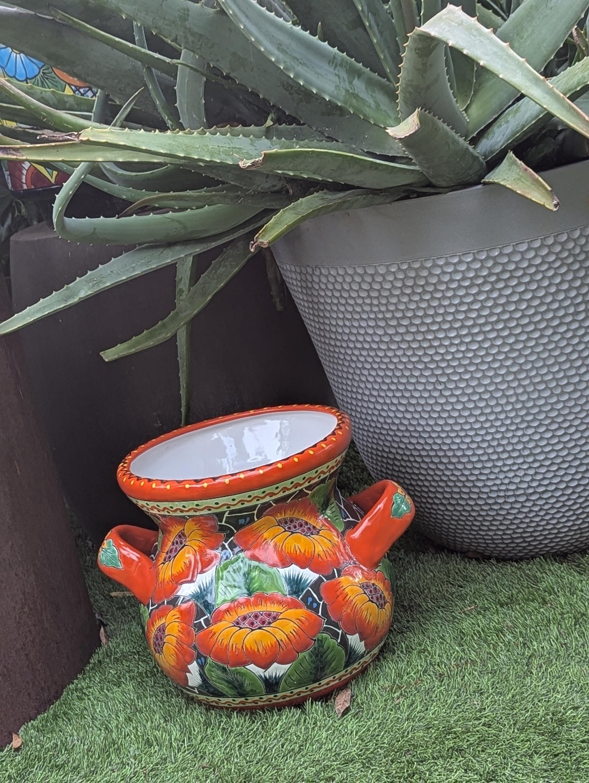 Pre-Order | Orange Poppies Ceramic Flower Pot is 10.5 inch Round Handmade Mexican Talavera Pottery, Outdoor Garden Decor or Indoor Home Decor