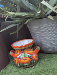 Pre-Order | Orange Poppies Ceramic Flower Pot is 10.5 inch Round Handmade Mexican Talavera Pottery, Outdoor Garden Decor or Indoor Home Decor