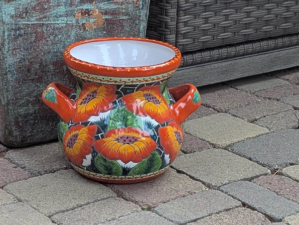 Orange Poppies Ceramic Flower Pot is 10.5 inch Round Handmade Mexican Talavera Pottery, Outdoor Garden Decor or Indoor Home Decor
