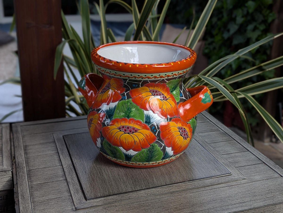 Pre-Order | Orange Poppies Ceramic Flower Pot is 10.5 inch Round Handmade Mexican Talavera Pottery, Outdoor Garden Decor or Indoor Home Decor