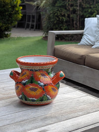 Pre-Order | Orange Poppies Ceramic Flower Pot is 10.5 inch Round Handmade Mexican Talavera Pottery, Outdoor Garden Decor or Indoor Home Decor