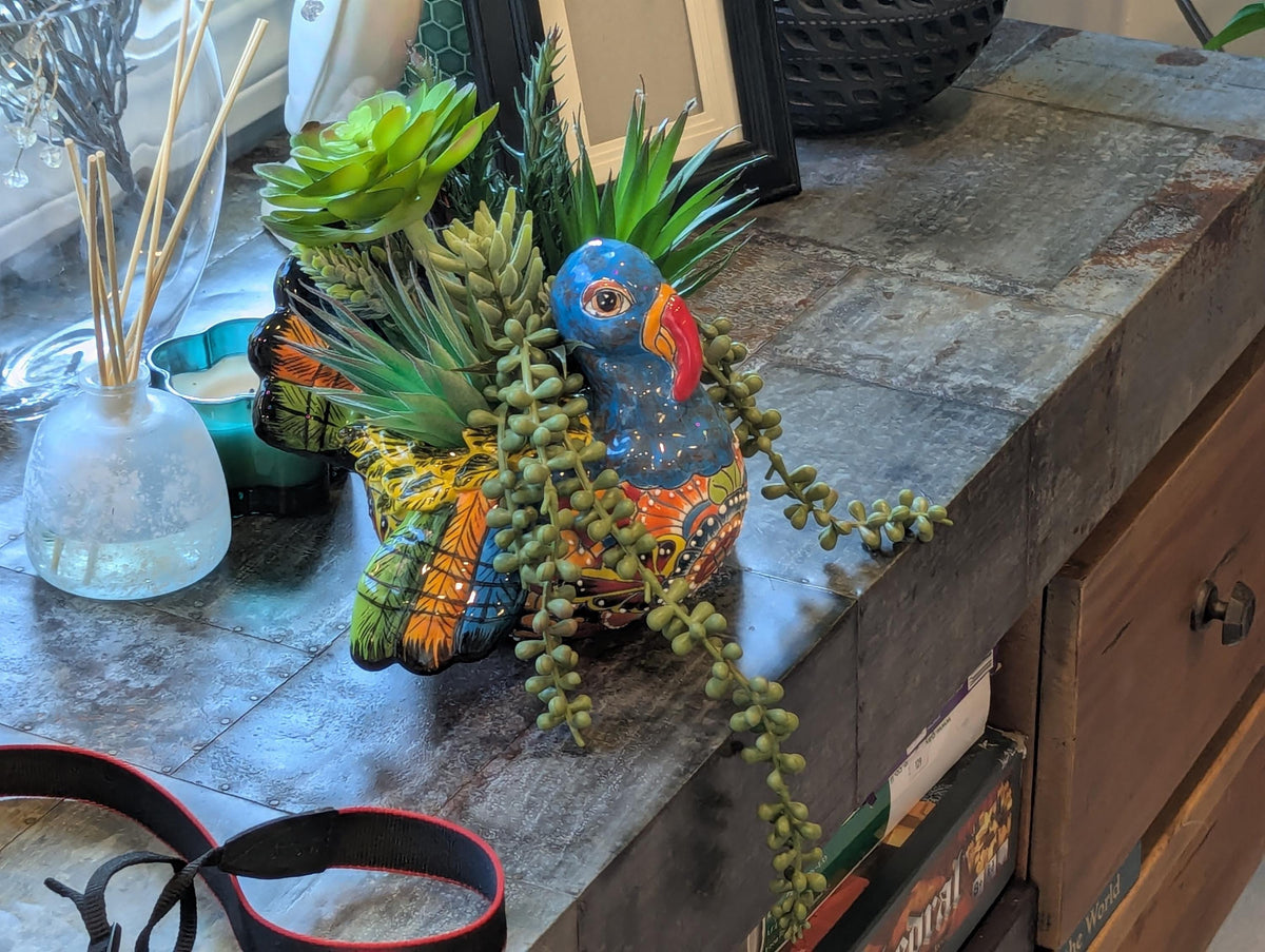 Talavera Turkey Flower Pot for Outdoor Decor or Garden Decorations, Planter Pot is Handmade Mexican Pottery, great as Turkey Lover Gifts