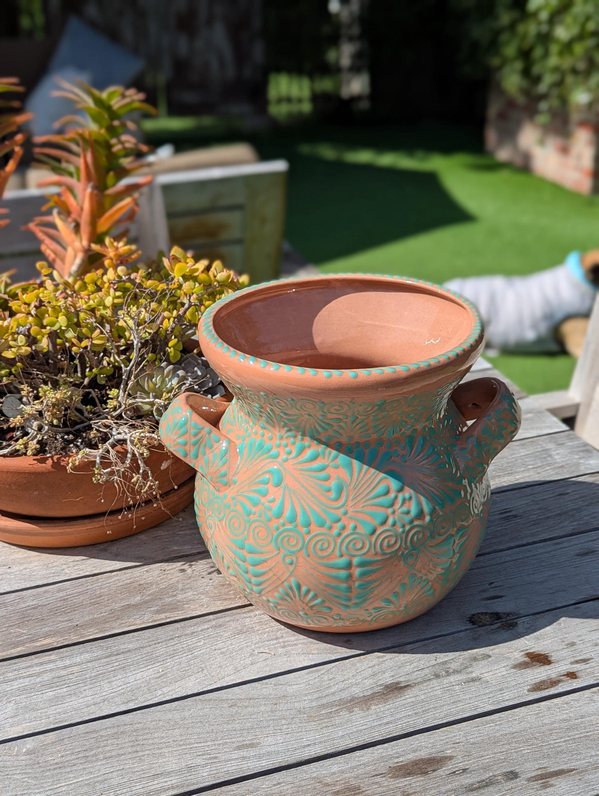 10.5 inch Round Soft Aqua Planter Ceramic Flower Pot | Handmade Mexican Pottery is Outdoor Garden Decor or Indoor Home Decor, Unique Gift