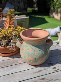 10.5 inch Round Soft Aqua Planter Ceramic Flower Pot | Handmade Mexican Pottery is Outdoor Garden Decor or Indoor Home Decor, Unique Gift