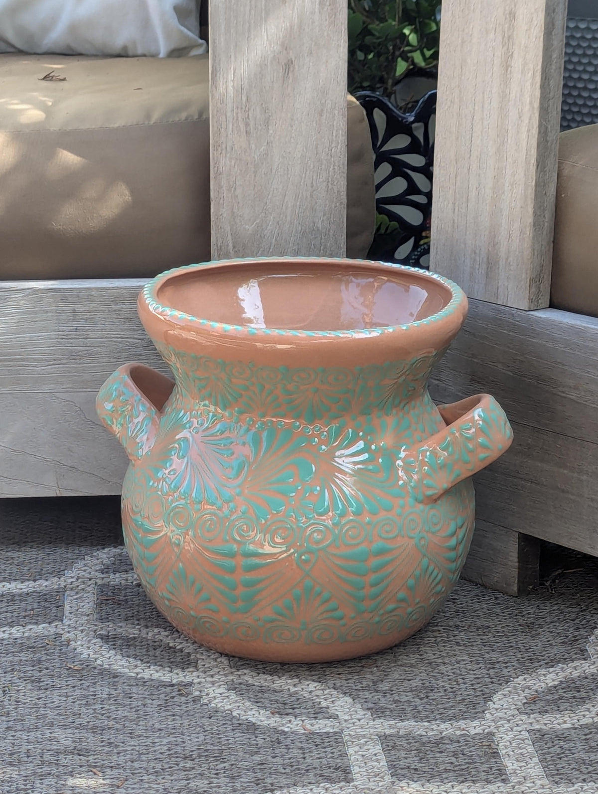 10.5 inch Round Soft Aqua Planter Ceramic Flower Pot | Handmade Mexican Pottery is Outdoor Garden Decor or Indoor Home Decor, Unique Gift
