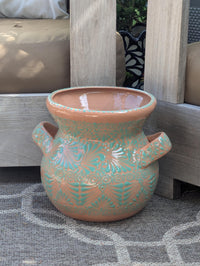 10.5 inch Round Soft Aqua Planter Ceramic Flower Pot | Handmade Mexican Pottery is Outdoor Garden Decor or Indoor Home Decor, Unique Gift