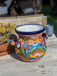 Colorful 10.5 inch Round Flower Pot, Talavera Ceramic Planter, Handmade Pottery is Outdoor Garden Decor, Indoor Home Decor