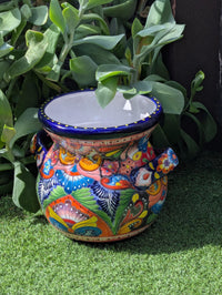 Colorful 10.5 inch Round Flower Pot, Talavera Ceramic Planter, Handmade Pottery is Outdoor Garden Decor, Indoor Home Decor