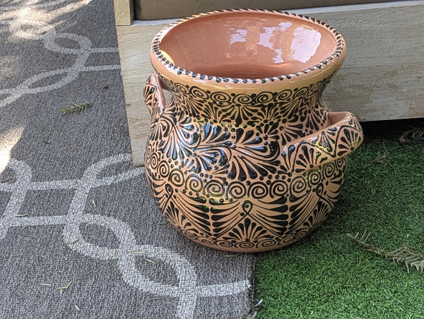 Black Sunburst Planter | 10.5" Round Ceramic Flower Pot is Handmade Mexican Pottery for Outdoor Garden Decor, Indoor Home Decor, Unique Gift