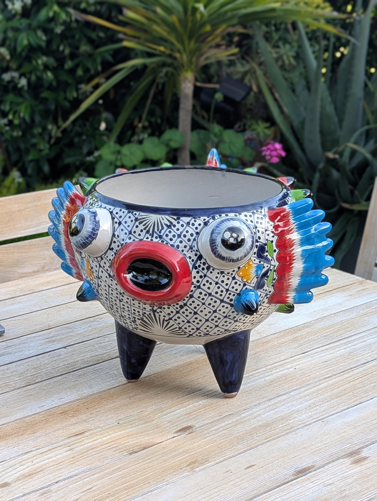 Blowfish Planter is Hand Painted Ceramic Talavera Mexican Pottery | Unique Planter Yard Art for Outdoor Garden Decor