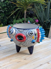 Blowfish Planter is Hand Painted Ceramic Talavera Mexican Pottery | Unique Planter Yard Art for Outdoor Garden Decor
