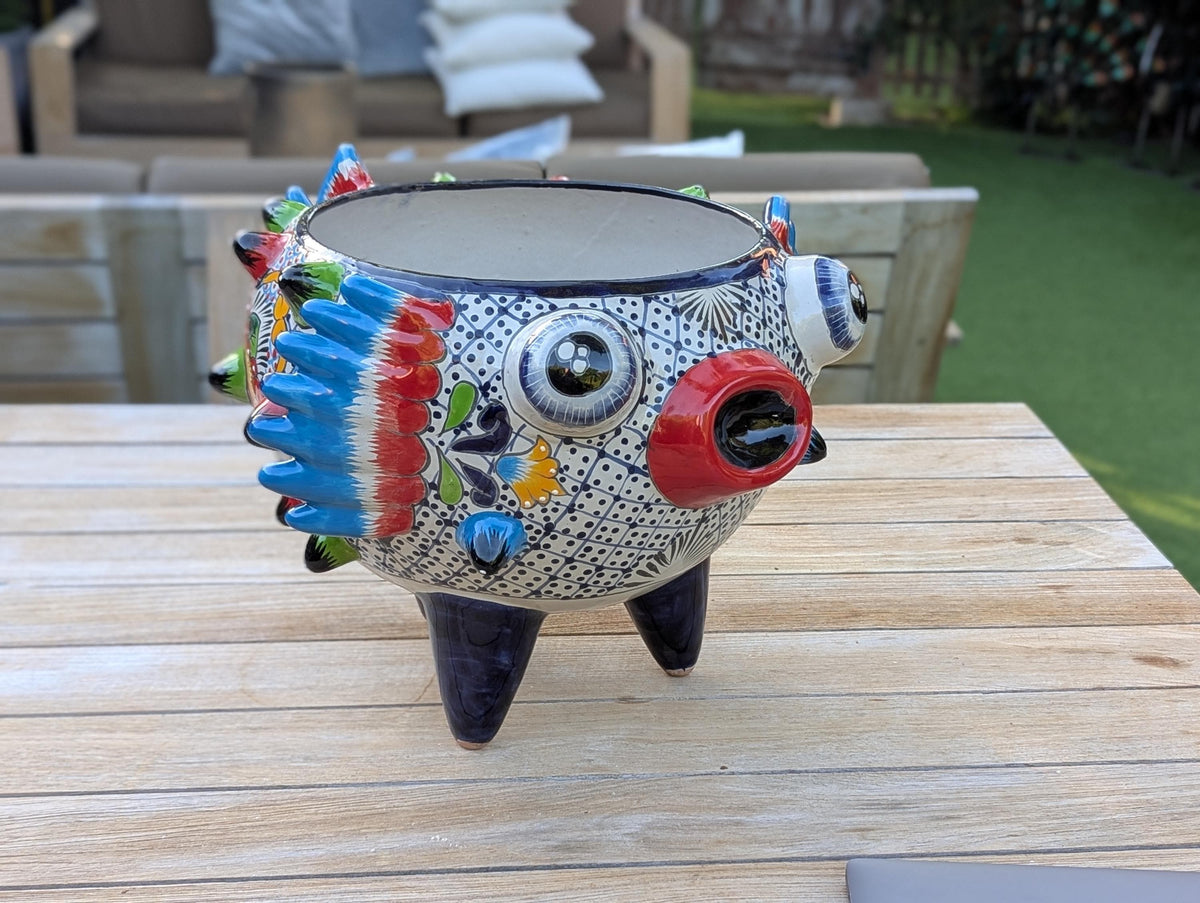 Blowfish Planter is Hand Painted Ceramic Talavera Mexican Pottery | Unique Planter Yard Art for Outdoor Garden Decor