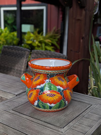 Pre-Order | Orange Poppies Ceramic Flower Pot is 10.5 inch Round Handmade Mexican Talavera Pottery, Outdoor Garden Decor or Indoor Home Decor
