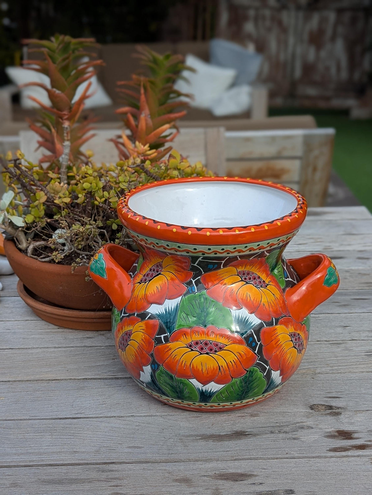 Pre-Order | Orange Poppies Ceramic Flower Pot is 10.5 inch Round Handmade Mexican Talavera Pottery, Outdoor Garden Decor or Indoor Home Decor